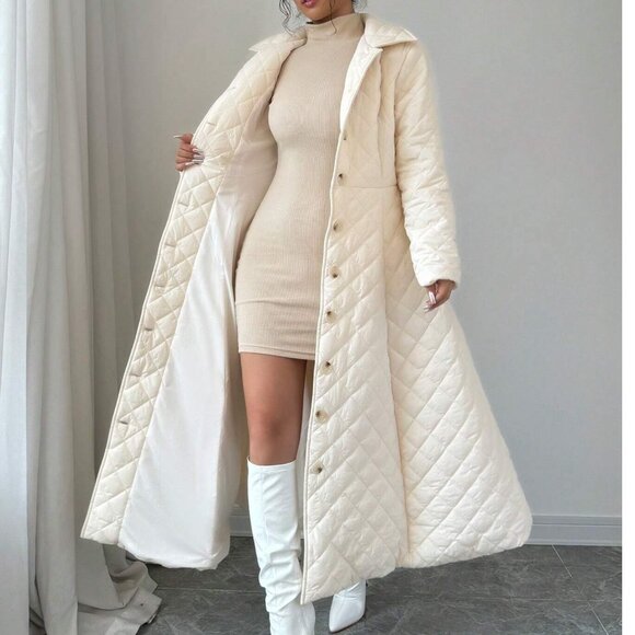 Euro Style Elegant Quilted Button Front Slant Pocket Long Padded Coat - Picture 6 of 11